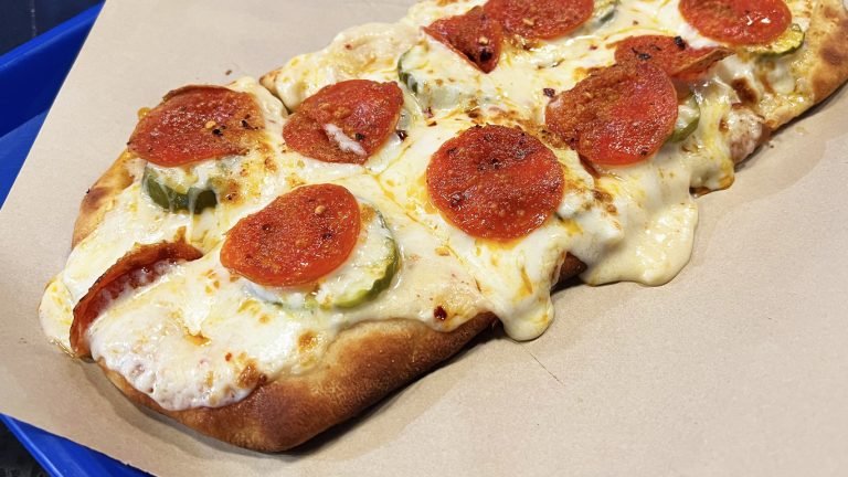 Pickle and Pepperoni flatbread pizza.